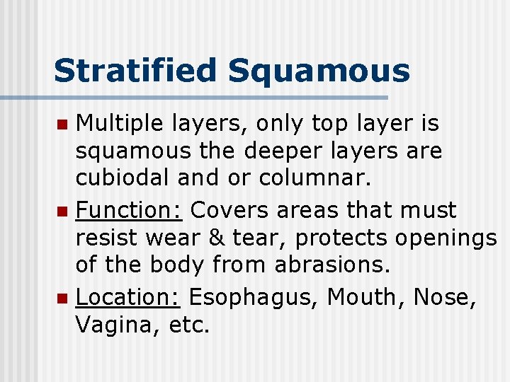Stratified Squamous Multiple layers, only top layer is squamous the deeper layers are cubiodal