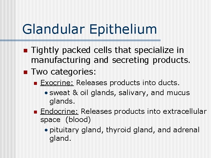 Glandular Epithelium n n Tightly packed cells that specialize in manufacturing and secreting products.