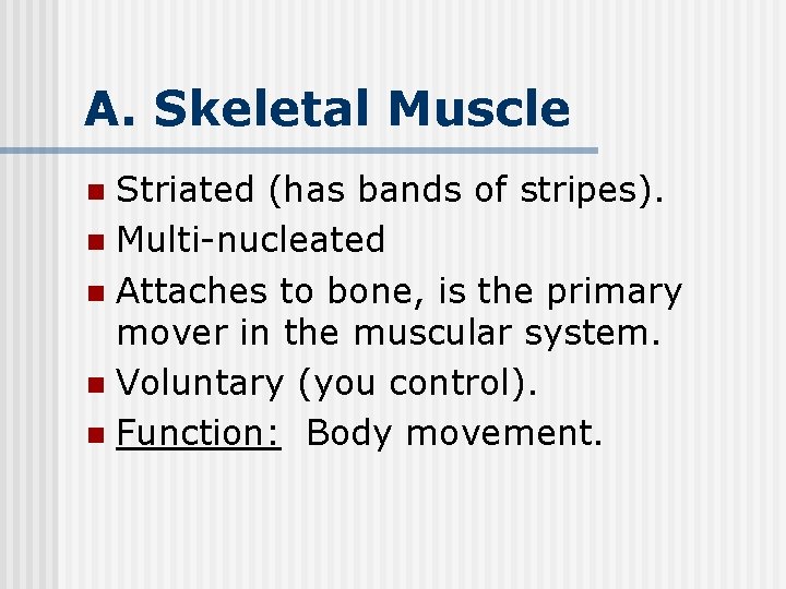 A. Skeletal Muscle Striated (has bands of stripes). n Multi-nucleated n Attaches to bone,