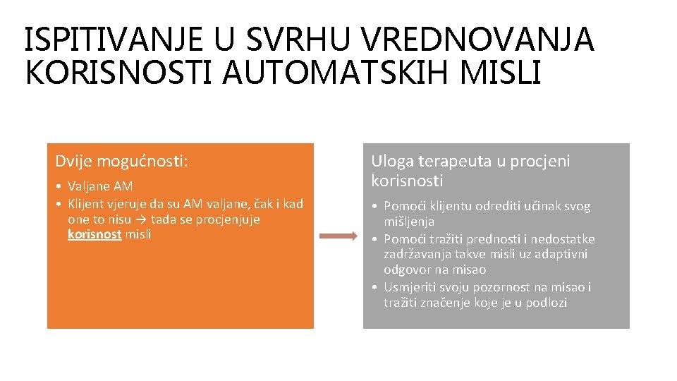 ISPITIVANJE U SVRHU VREDNOVANJA KORISNOSTI AUTOMATSKIH MISLI Dvije mogućnosti: • Valjane AM • Klijent