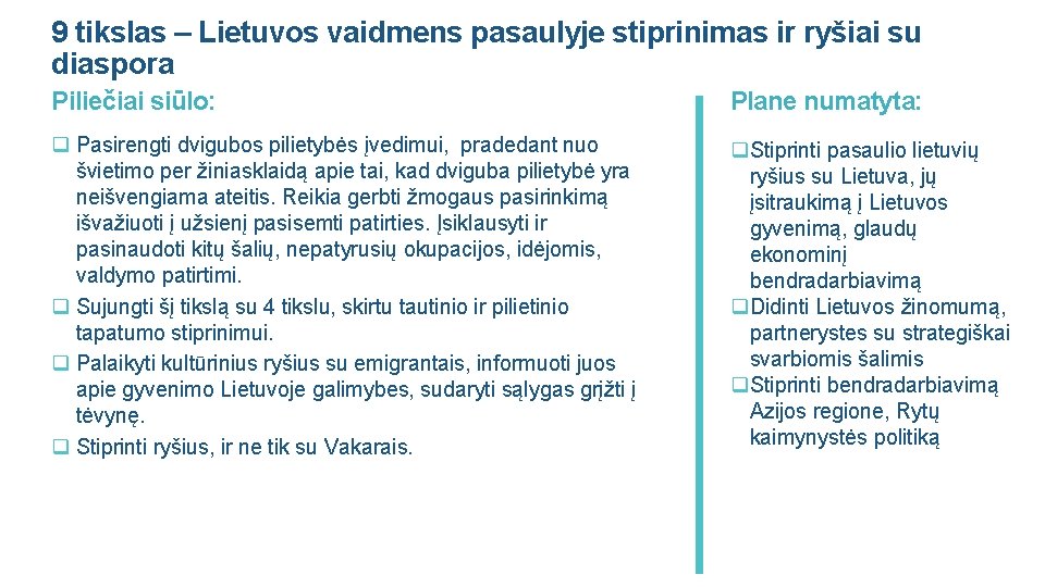 9 tikslas – Lietuvos vaidmens pasaulyje stiprinimas ir ryšiai su diaspora Piliečiai siūlo: Plane