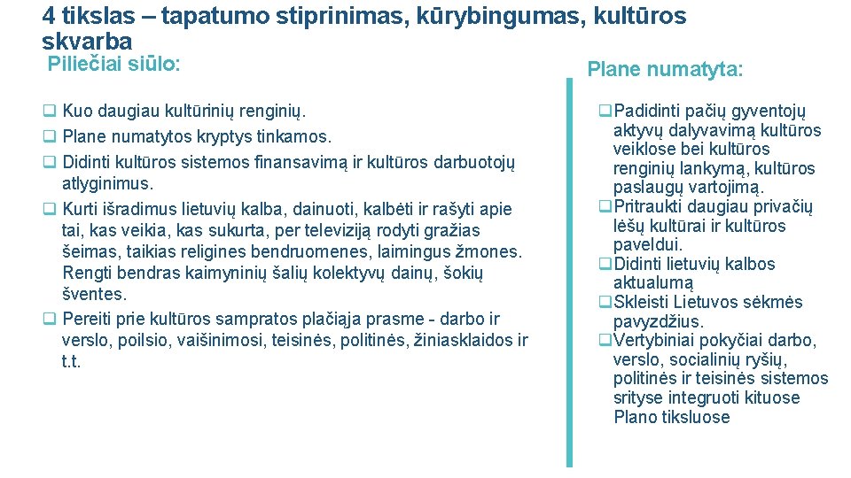 4 tikslas – tapatumo stiprinimas, kūrybingumas, kultūros skvarba Piliečiai siūlo: q Kuo daugiau kultūrinių