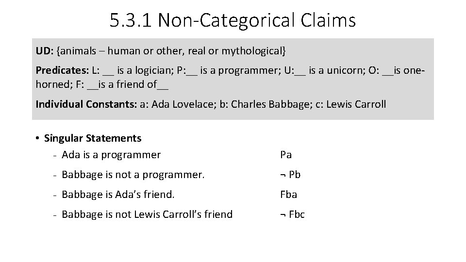 5. 3. 1 Non-Categorical Claims UD: {animals – human or other, real or mythological}