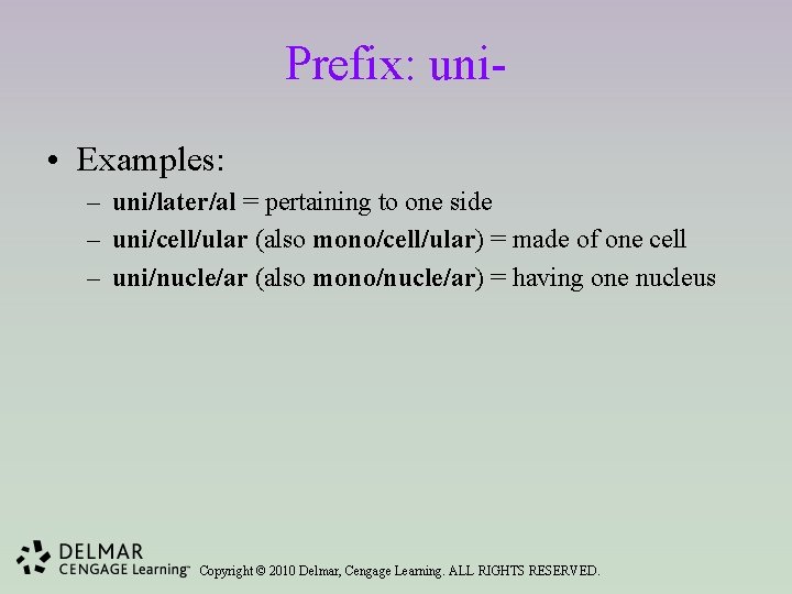 Prefix: uni • Examples: – uni/later/al = pertaining to one side – uni/cell/ular (also