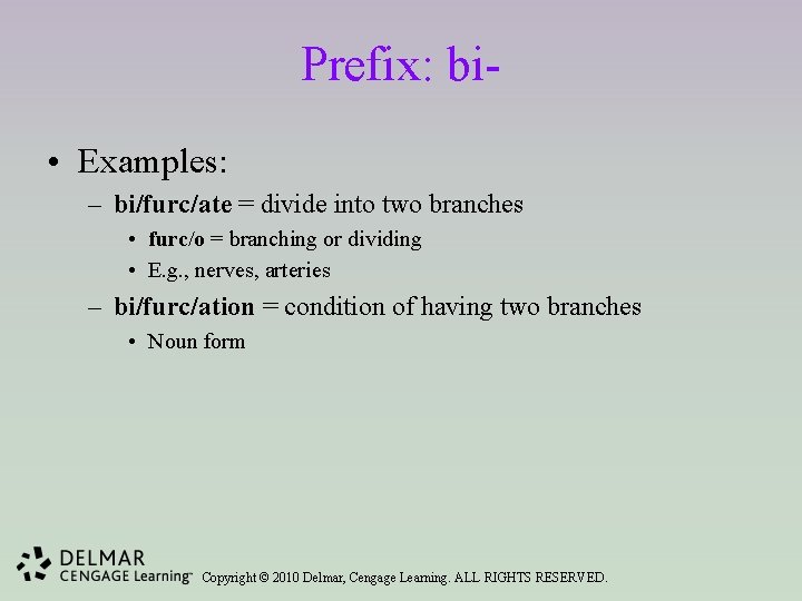 Prefix: bi • Examples: – bi/furc/ate = divide into two branches • furc/o =