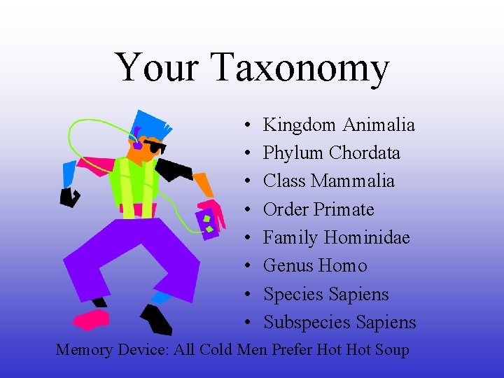Your Taxonomy • • Kingdom Animalia Phylum Chordata Class Mammalia Order Primate Family Hominidae