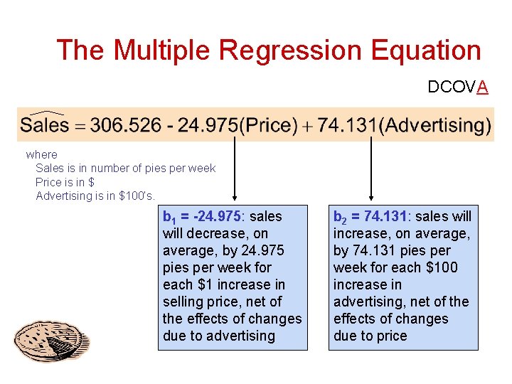 The Multiple Regression Equation DCOVA where Sales is in number of pies per week