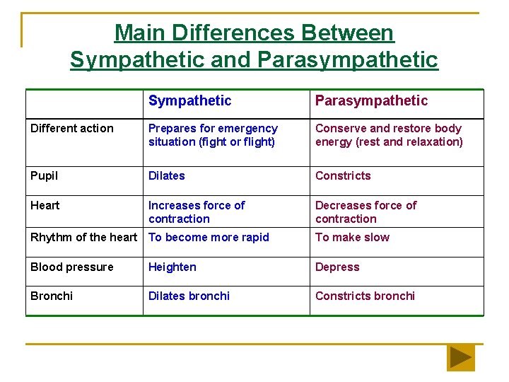 Main Differences Between Sympathetic and Parasympathetic Sympathetic Parasympathetic Different action Prepares for emergency situation