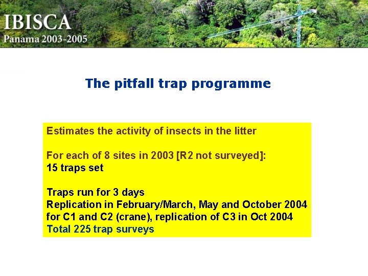 The pitfall trap programme Estimates the activity of insects in the litter For each