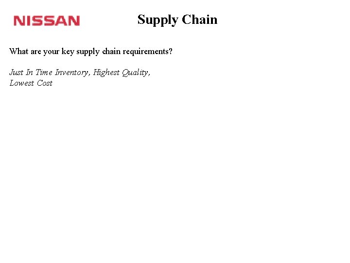 Supply Chain What are your key supply chain requirements? Just In Time Inventory, Highest