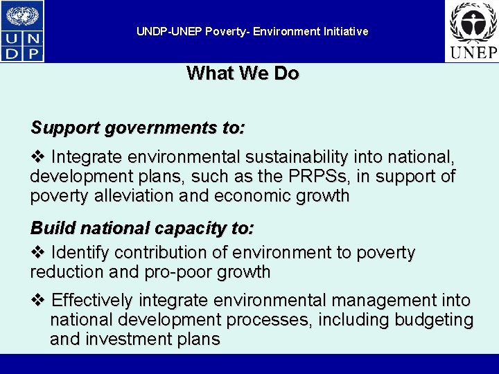 UNDP-UNEP Poverty- Environment Initiative What We Do Support governments to: v Integrate environmental sustainability