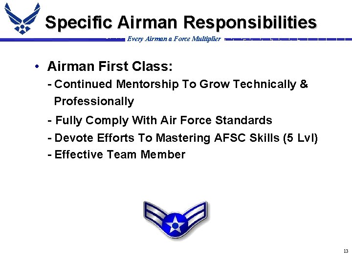 Specific Airman Responsibilities Every Airman a Force Multiplier • Airman First Class: - Continued