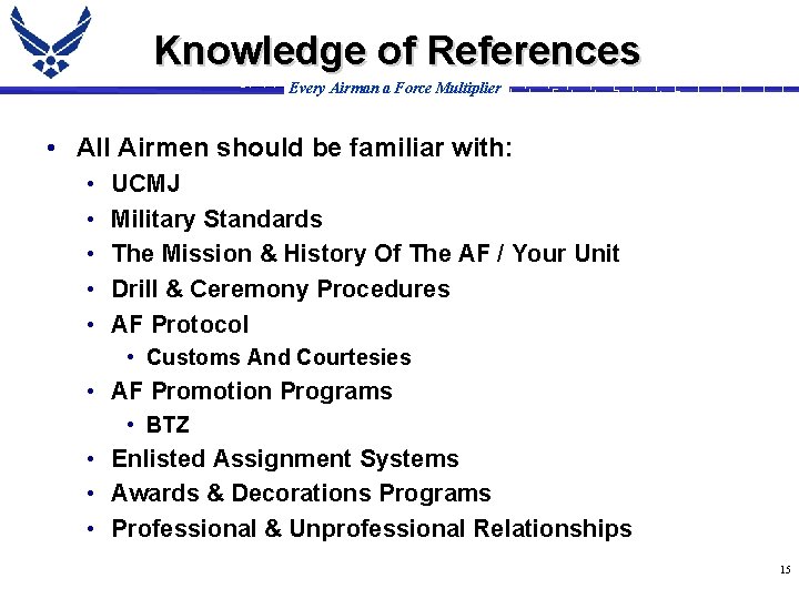 Knowledge of References Every Airman a Force Multiplier • All Airmen should be familiar