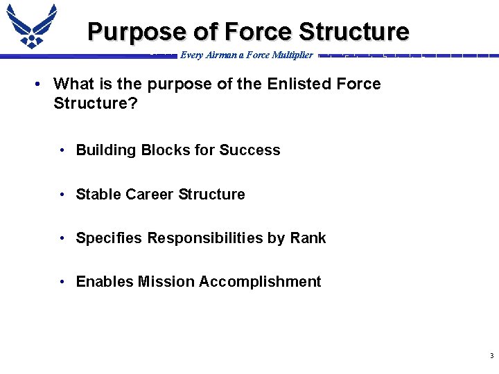 Purpose of Force Structure Every Airman a Force Multiplier • What is the purpose