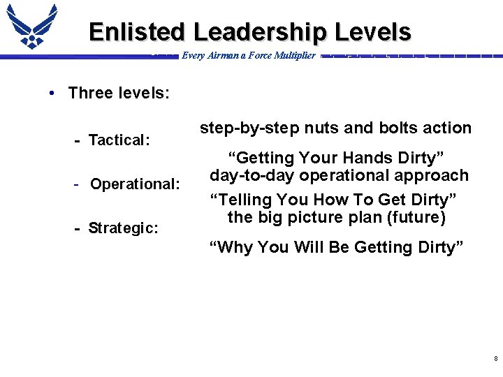 Enlisted Leadership Levels Every Airman a Force Multiplier • Three levels: - Tactical: -