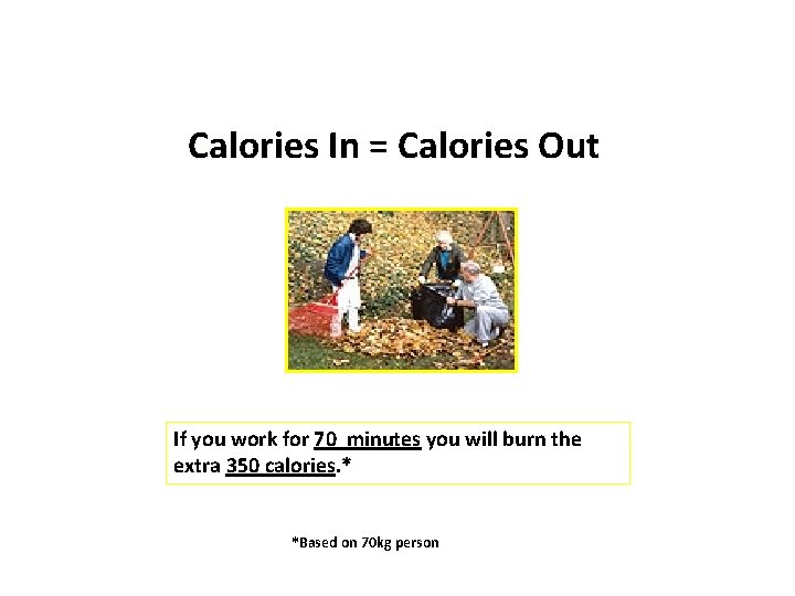 Calories In = Calories Out If you work for 70 minutes you will burn