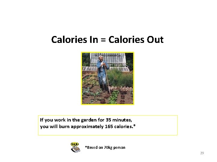 Calories In = Calories Out If you work in the garden for 35 minutes,
