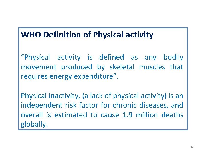 WHO Definition of Physical activity “Physical activity is defined as any bodily movement produced