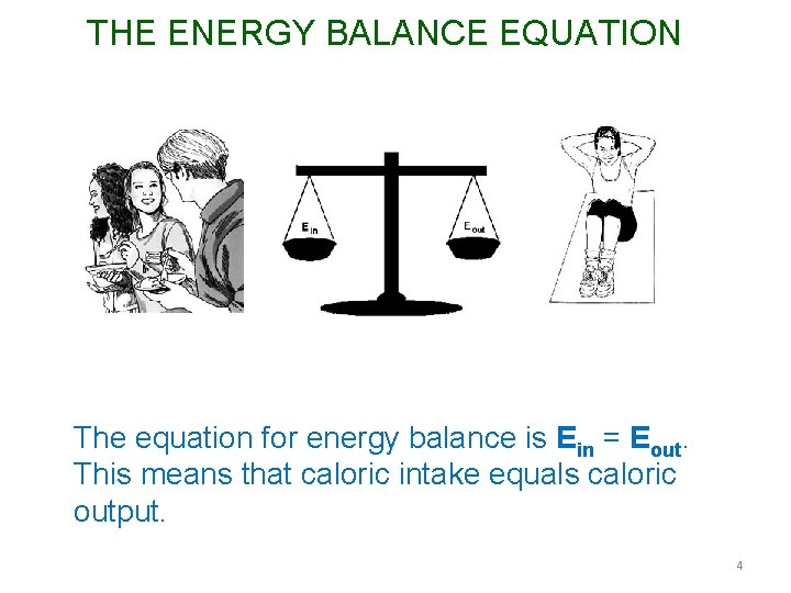 THE ENERGY BALANCE EQUATION The equation for energy balance is Ein = Eout. This