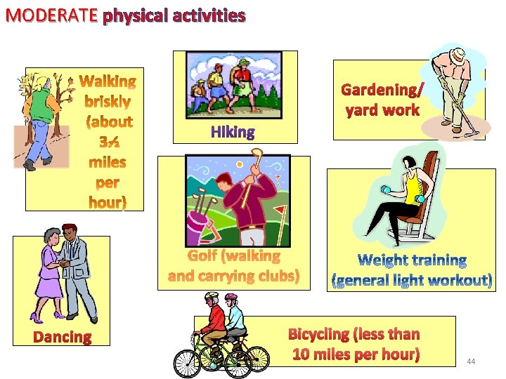 MODERATE physical activities Gardening/ yard work Golf (walking and carrying clubs) Dancing Bicycling (less