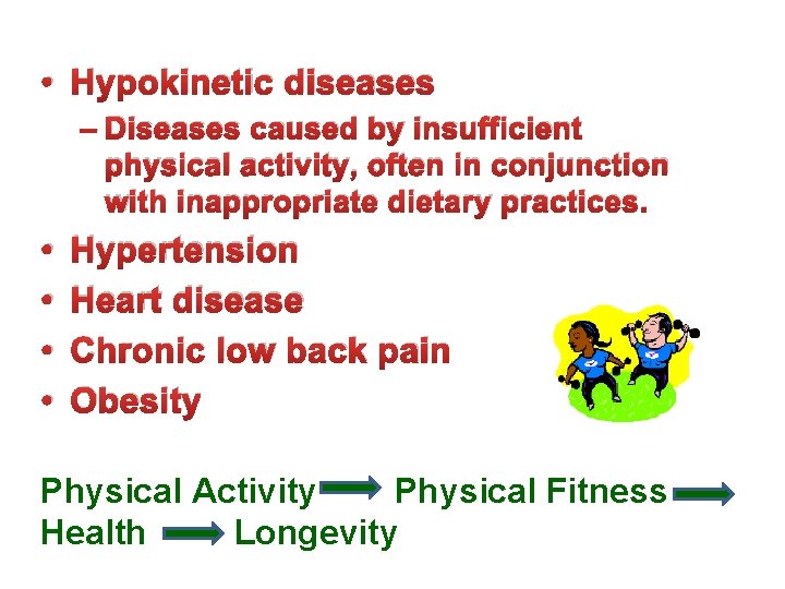  • Hypokinetic diseases – Diseases caused by insufficient physical activity, often in conjunction