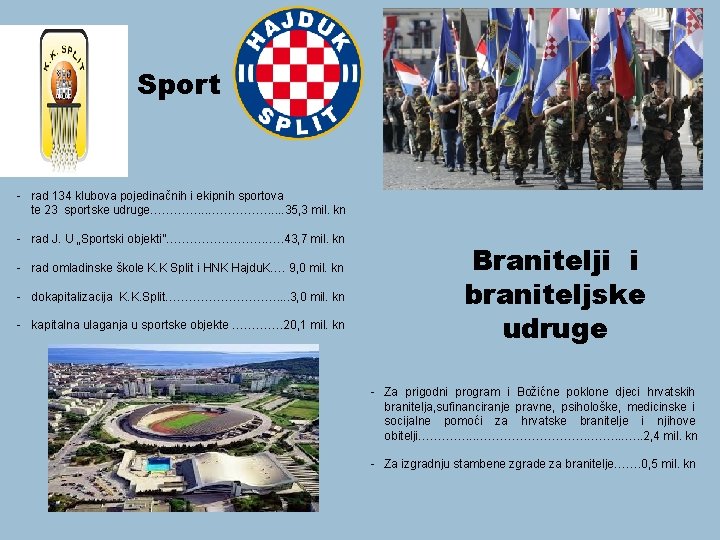 Sport - rad 134 klubova pojedinačnih i ekipnih sportova te 23 sportske udruge…………. .