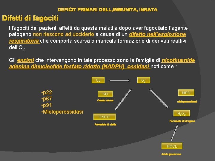 DEFICIT PRIMARI DELL’IMMUNITA’ INNATA Difetti di fagociti I fagociti dei pazienti affetti da questa DEFICIT PRIMARI DELL’IMMUNITA’ INNATA Difetti di fagociti I fagociti dei pazienti affetti da questa