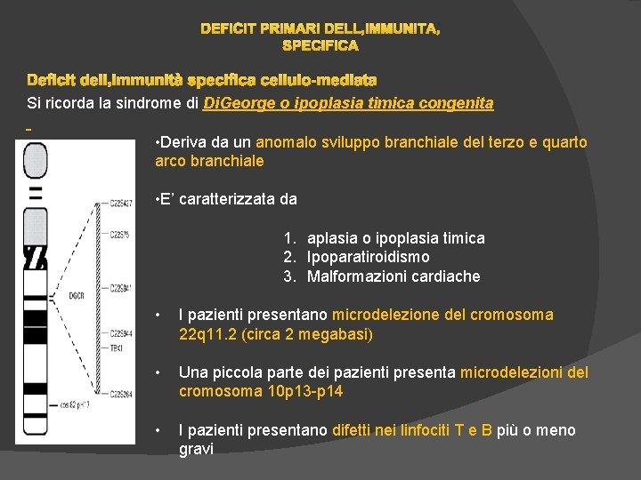 DEFICIT PRIMARI DELL’IMMUNITA’ SPECIFICA Deficit dell’immunità specifica cellulo-mediata Si ricorda la sindrome di Di. DEFICIT PRIMARI DELL’IMMUNITA’ SPECIFICA Deficit dell’immunità specifica cellulo-mediata Si ricorda la sindrome di Di.