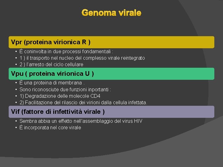 Genoma virale Vpr (proteina virionica R ) • È coninvolta in due processi fondamentali Genoma virale Vpr (proteina virionica R ) • È coninvolta in due processi fondamentali