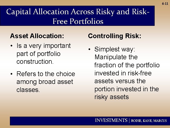 6 -11 Capital Allocation Across Risky and Risk. Free Portfolios Asset Allocation: • Is