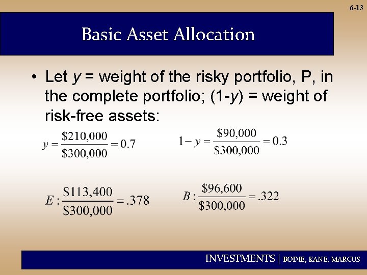 6 -13 Basic Asset Allocation • Let y = weight of the risky portfolio,