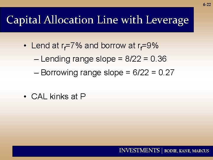 6 -22 Capital Allocation Line with Leverage • Lend at rf=7% and borrow at
