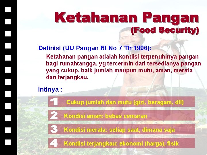 Definisi (UU Pangan RI No 7 Th 1996): Ketahanan pangan adalah kondisi terpenuhinya pangan