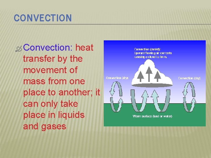 CONVECTION Convection: heat transfer by the movement of mass from one place to another;