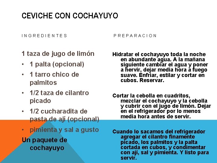 CEVICHE CON COCHAYUYO INGREDIENTES 1 taza de jugo de limón • 1 palta (opcional)