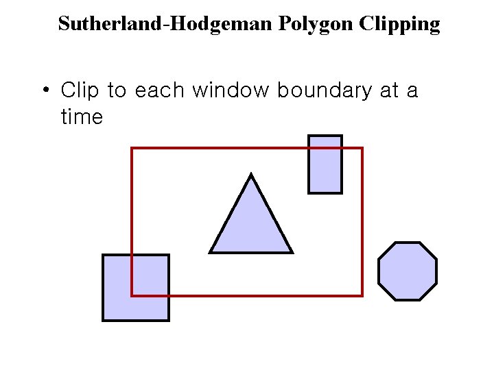 Sutherland-Hodgeman Polygon Clipping • Clip to each window boundary at a time 