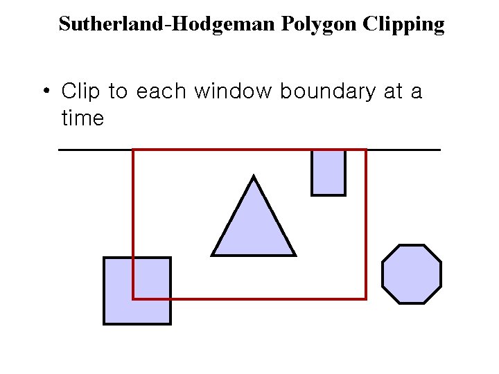 Sutherland-Hodgeman Polygon Clipping • Clip to each window boundary at a time 