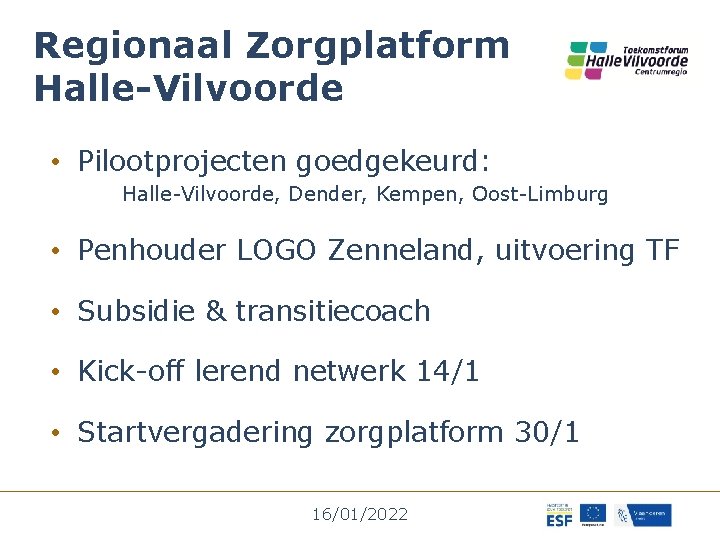 Regionaal Zorgplatform Halle-Vilvoorde • Pilootprojecten goedgekeurd: Halle-Vilvoorde, Dender, Kempen, Oost-Limburg • Penhouder LOGO Zenneland,