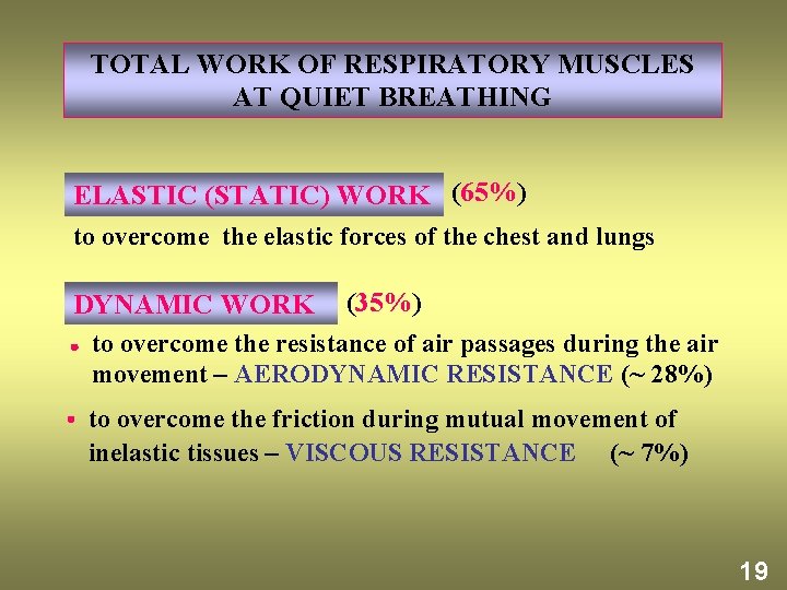 TOTAL WORK OF RESPIRATORY MUSCLES AT QUIET BREATHING ELASTIC (STATIC) WORK (65%) to overcome