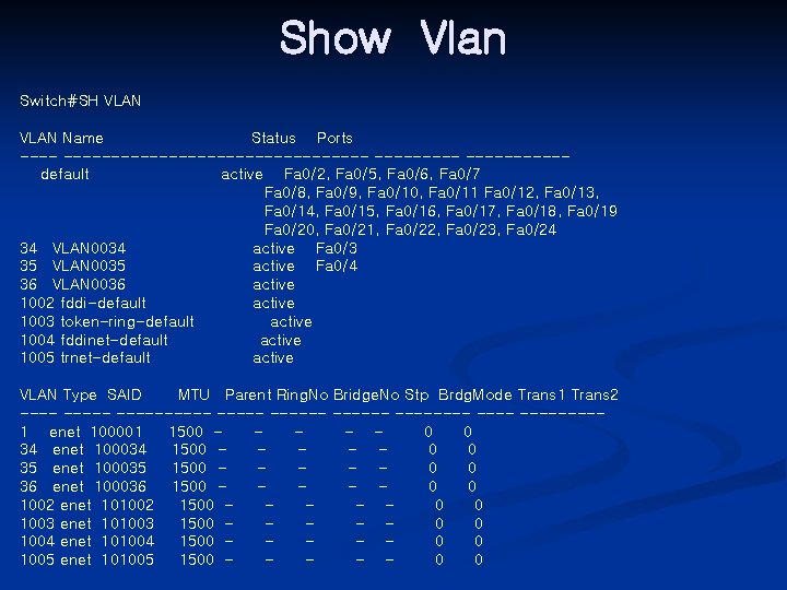Show Vlan Switch#SH VLAN Name Status Ports ------------------default active Fa 0/2, Fa 0/5, Fa