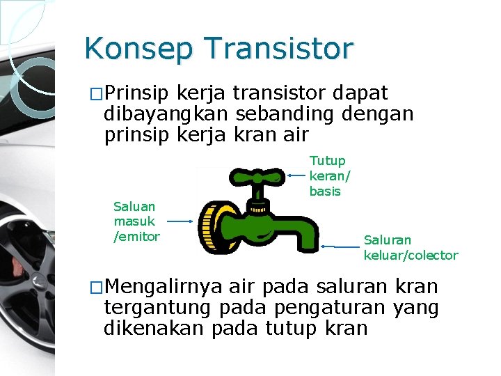 Konsep Transistor �Prinsip kerja transistor dapat dibayangkan sebanding dengan prinsip kerja kran air Tutup