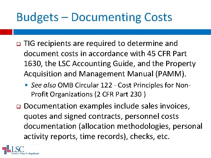 Budgets – Documenting Costs q TIG recipients are required to determine and document costs