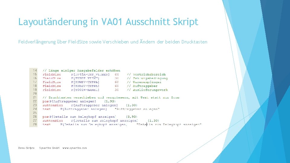 Layoutänderung in VA 01 Ausschnitt Skript Feldverlängerung über Field. Size sowie Verschieben und Ändern