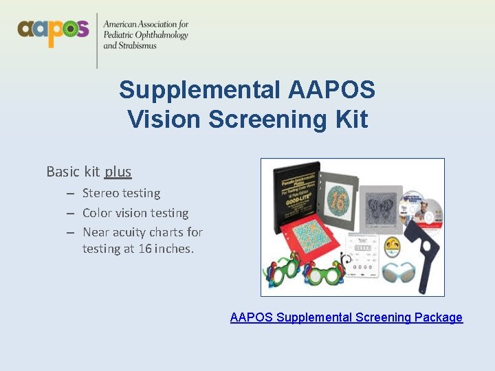 Supplemental AAPOS Vision Screening Kit Basic kit plus – Stereo testing – Color vision
