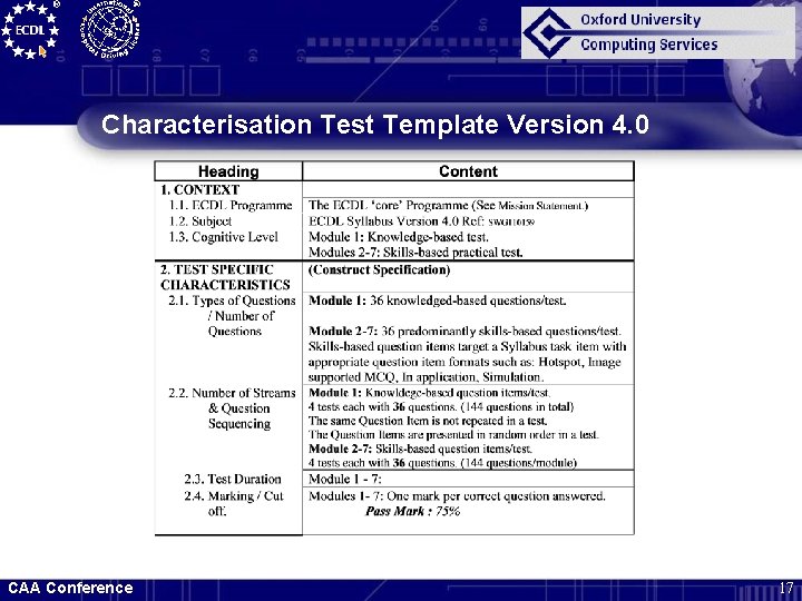 Characterisation Test Template Version 4. 0 CAA Conference 17 