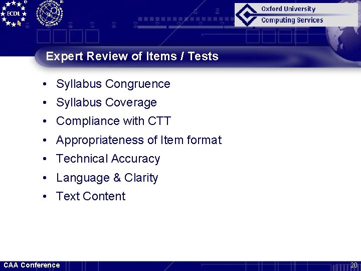 Expert Review of Items / Tests • Syllabus Congruence • Syllabus Coverage • Compliance