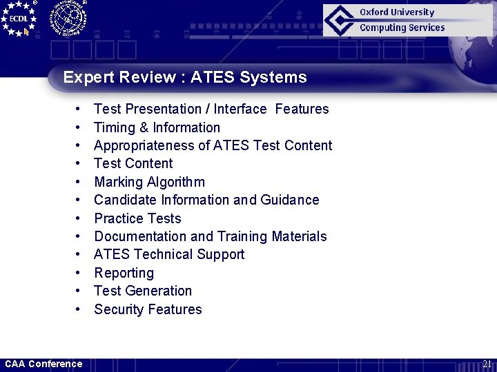 Expert Review : ATES Systems • • • CAA Conference Test Presentation / Interface