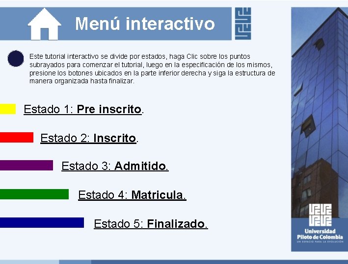 Menú interactivo Este tutorial interactivo se divide por estados, haga Clic sobre los puntos