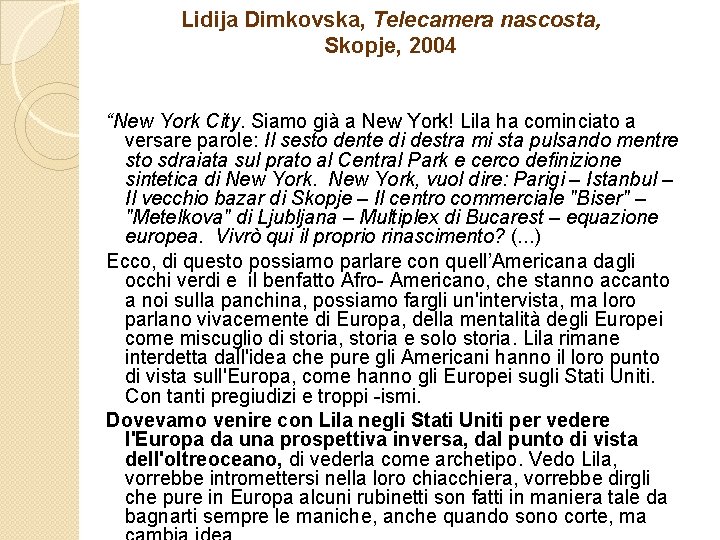 Lidija Dimkovska, Telecamera nascosta, Skopje, 2004 “New York City. Siamo già a New York!