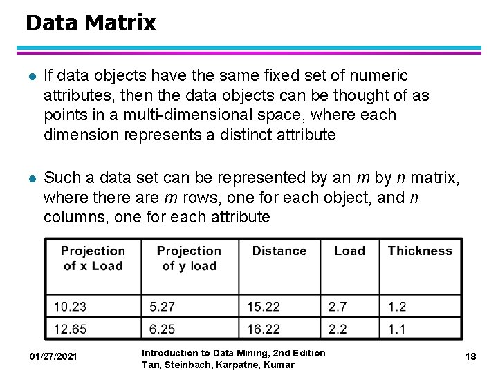 Data Matrix l If data objects have the same fixed set of numeric attributes,